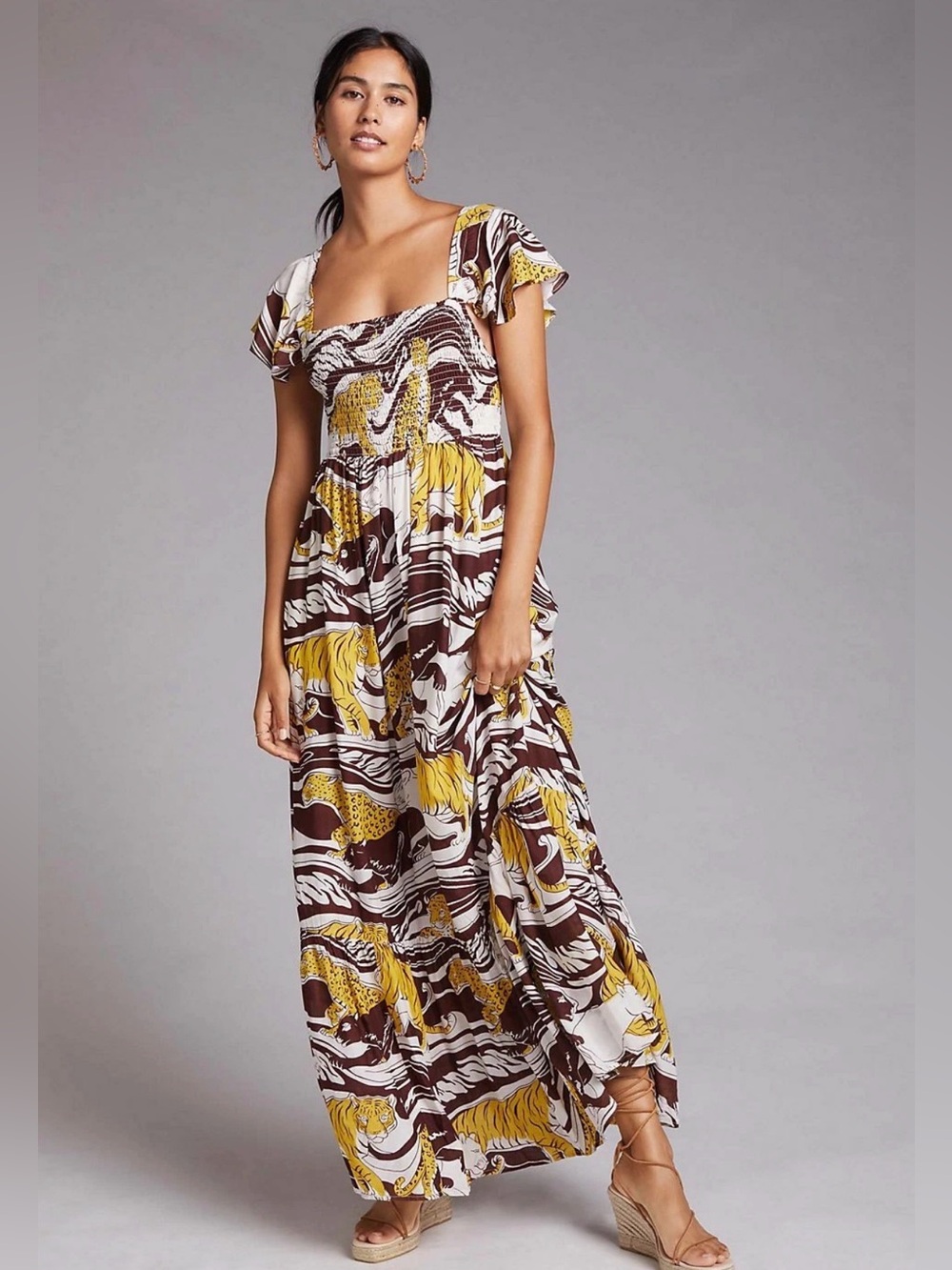 Anthropologie Brown White Yellow Printed Maxi Dress